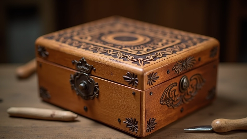 Traditional carved wooden box with intricate Lithuanian cross-craft patterns