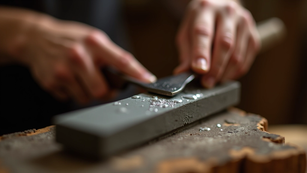Close-up of sharpening a chisel on a whetstone with water droplets visible on the stone surface
