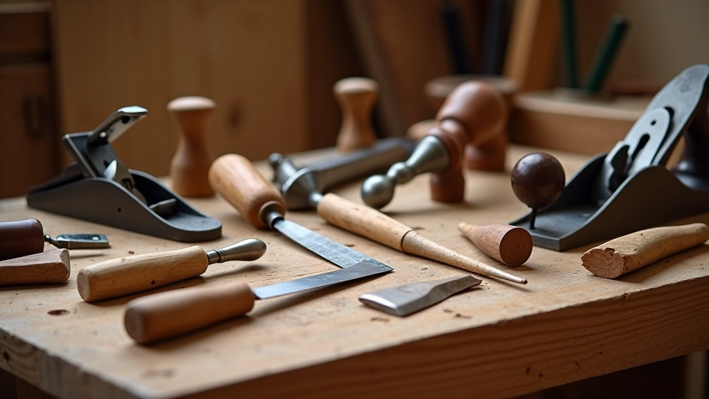 Collection of essential hand tools for woodworking including chisels, saws, and planes arranged on wooden workbench