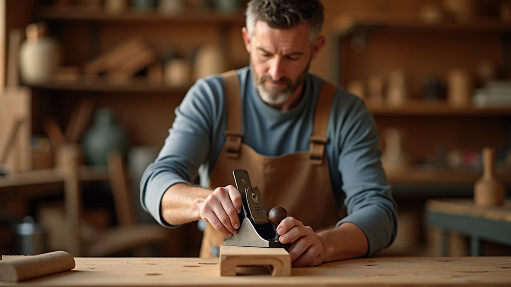 Craftsman's hands selecting a sharp hand plane from a wooden tool rack in a workshop