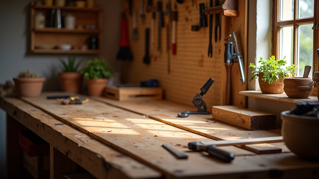 Budget-friendly workbench made from reclaimed wood with hand tools organized in wall-mounted storage rack