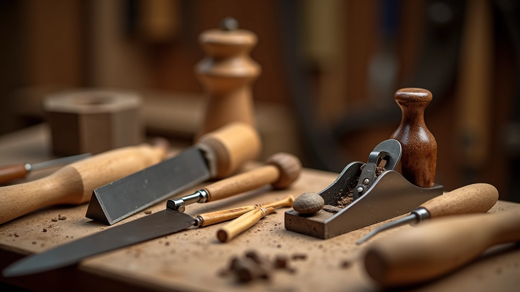 Essential hand tools for beginner woodworking including chisels, saws, and planes arranged on workbench