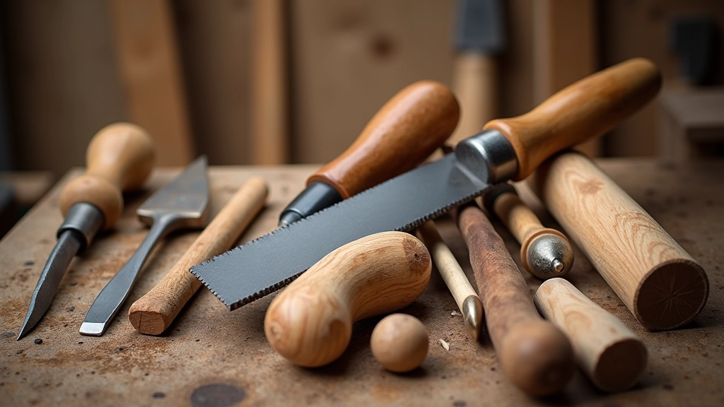 Essential hand tools for woodworking including chisels and saws