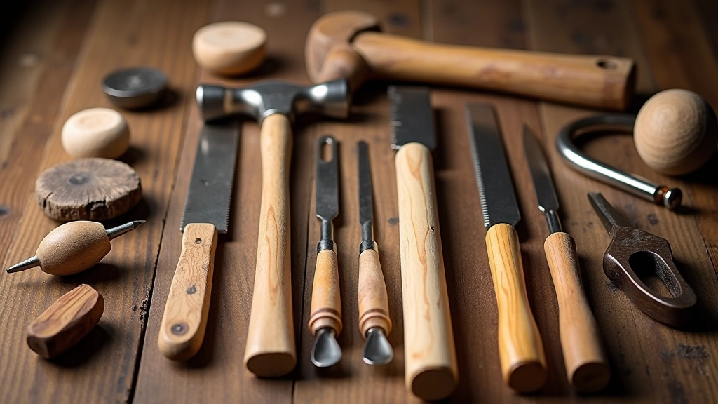 Essential hand tools for beginner woodworking including hammer, saw, chisels, measuring tape, and square