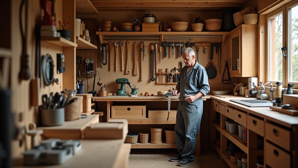 Home workshop setup with organized tools, workbench, and storage solutions in small dedicated space