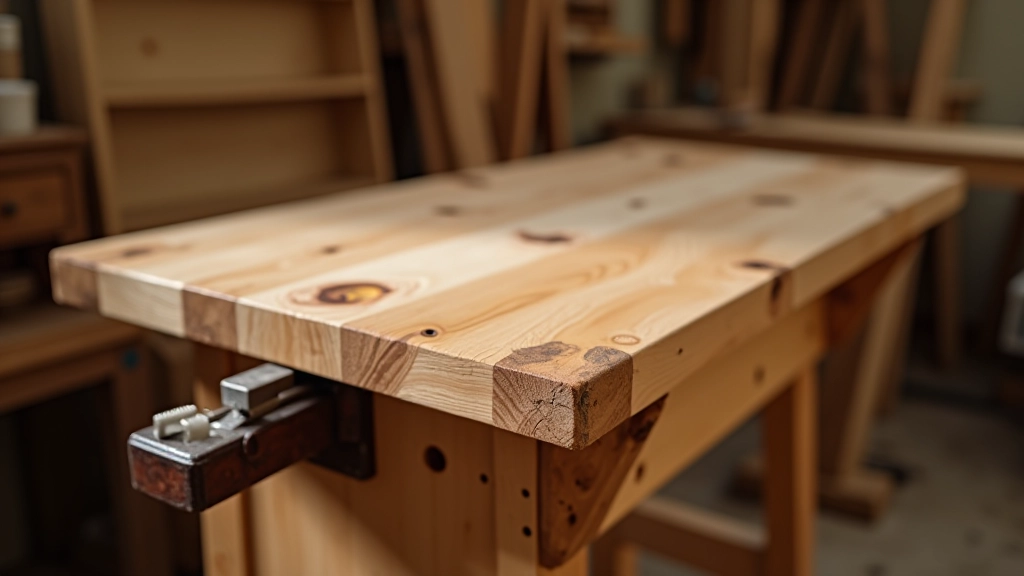 Sturdy DIY workbench with vice and clamps mounted, designed for beginner woodworkers with simple construction