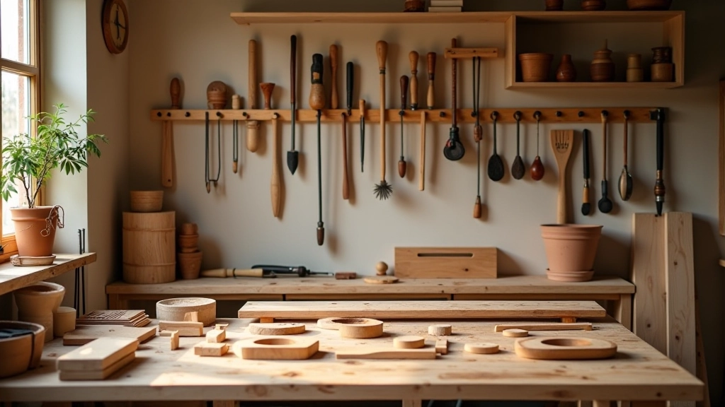 Organized home woodworking workshop with workbench, hand tools mounted on wall, and natural wood storage