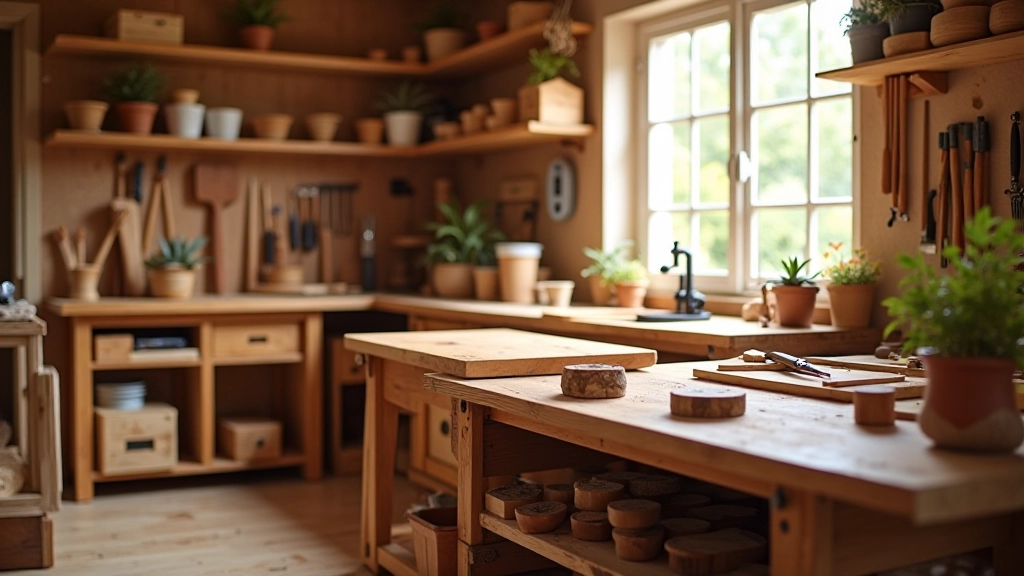 Well-organized home woodworking workshop with tools and storage solutions