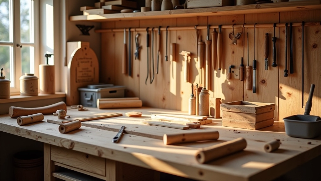 Complete home woodworking workshop setup with organized tools and workbench
