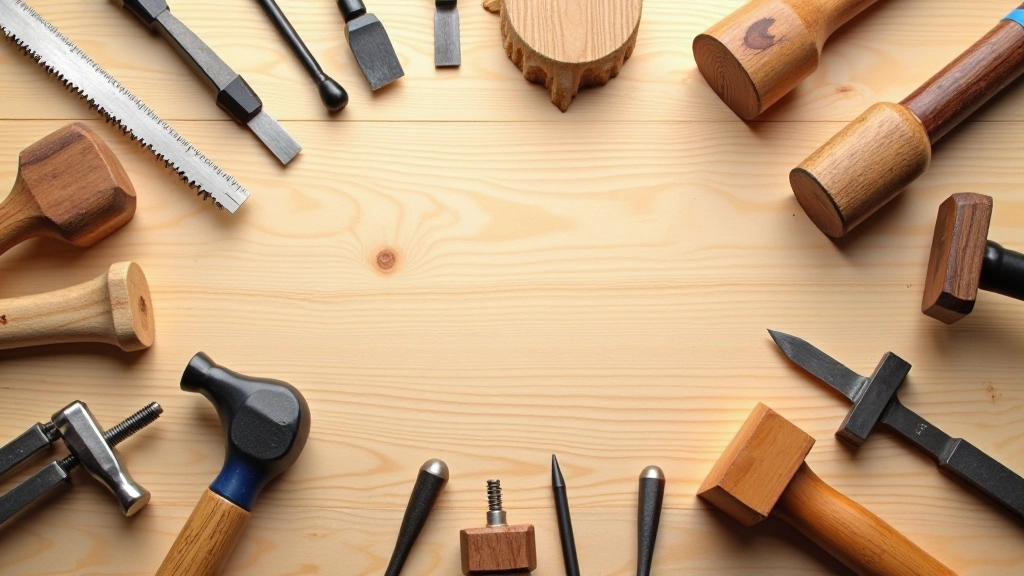 Organized layout of essential hand tools including chisels of different widths, hand saws, and measuring instruments