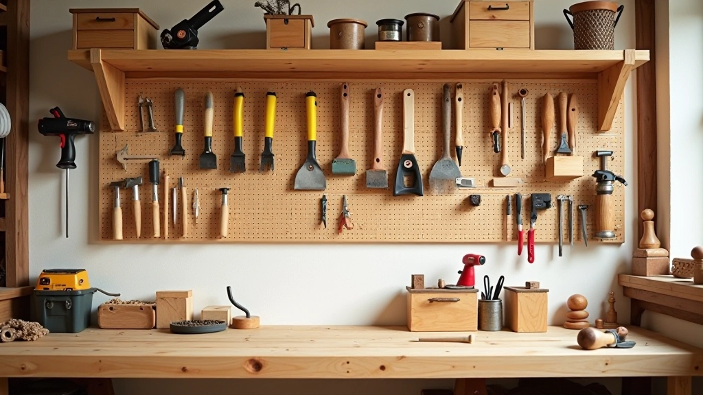 Organized wall storage with pegboard and labeled compartments for different types of woodworking tools and supplies