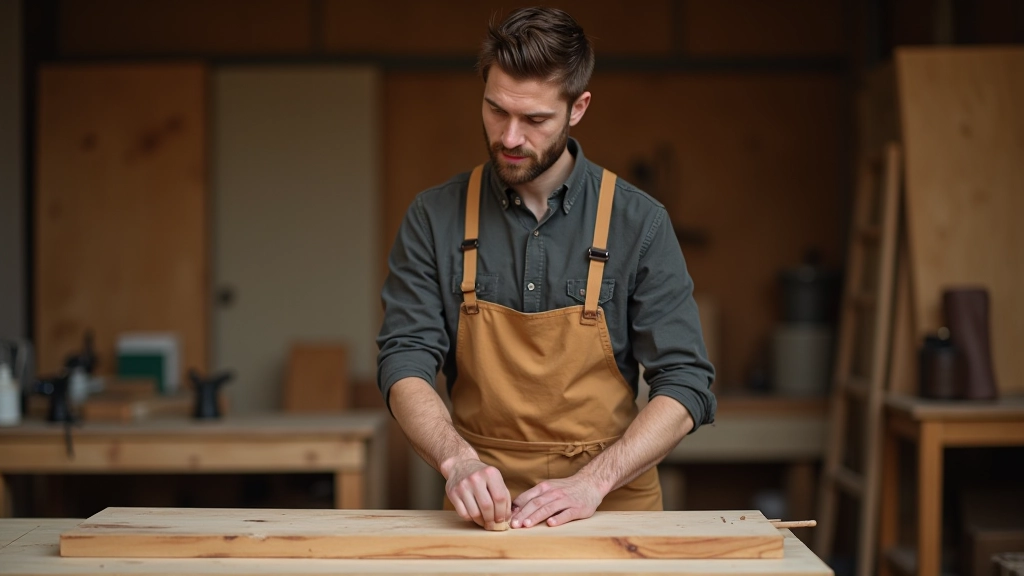 Beginner woodworker practicing hand planing technique on a wooden board in a workshop setting
