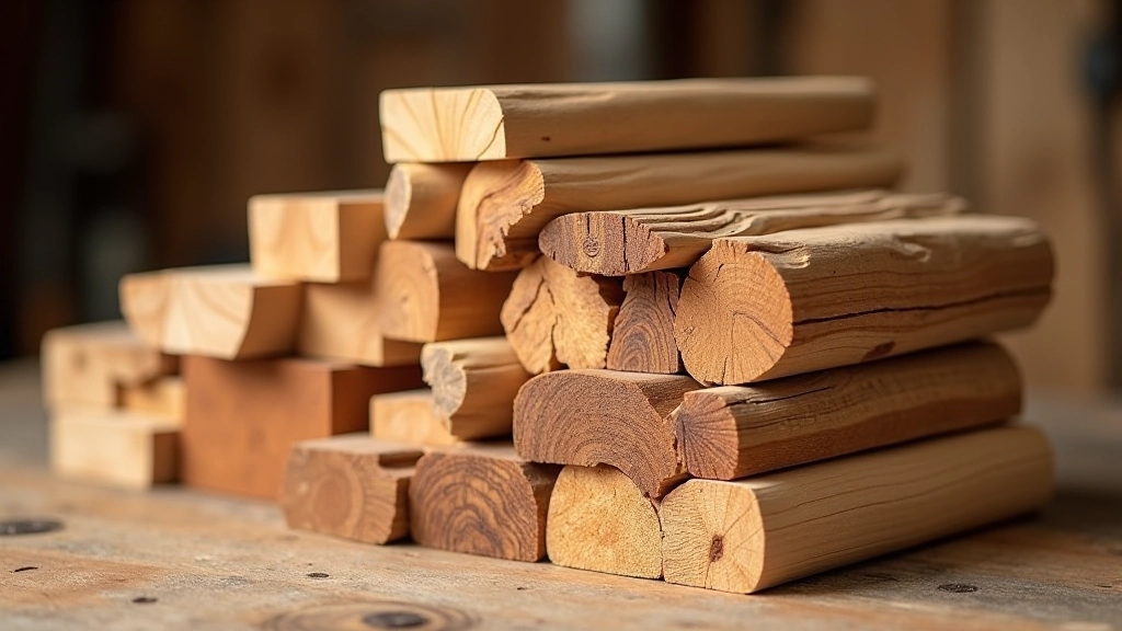 Stacked Baltic timber and wood samples showing different species and grain patterns