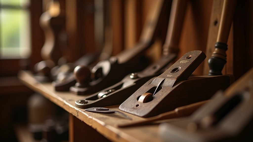 Vintage hand tools displayed on a weathered wooden shelf showing well-maintained chisels and planes