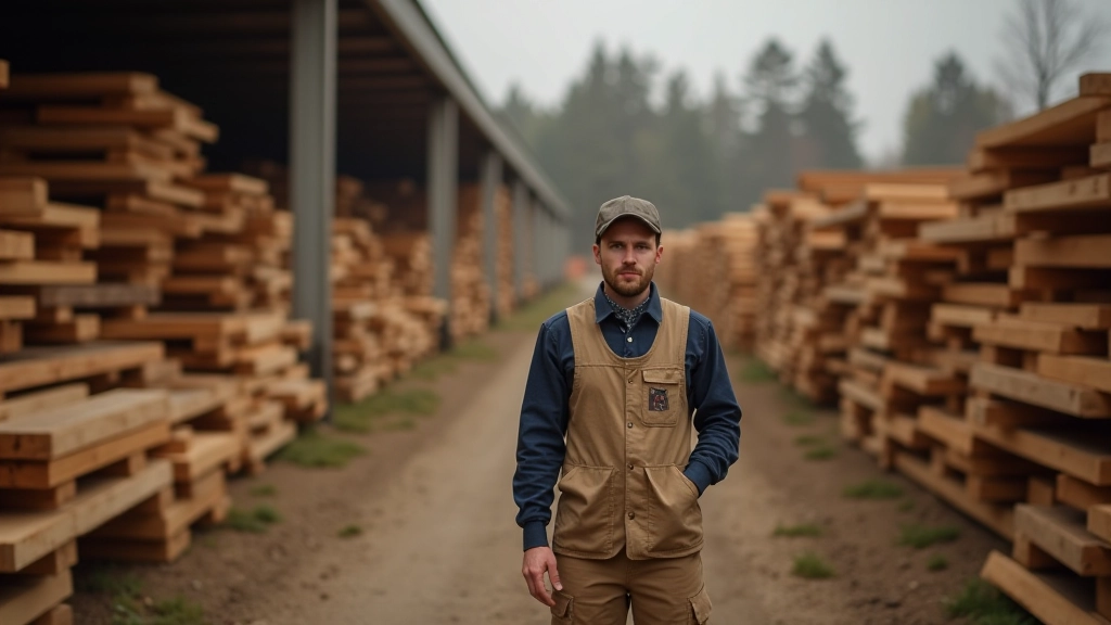 Traditional Lithuanian timber storage yard with stacked lumber and forestry operations in background