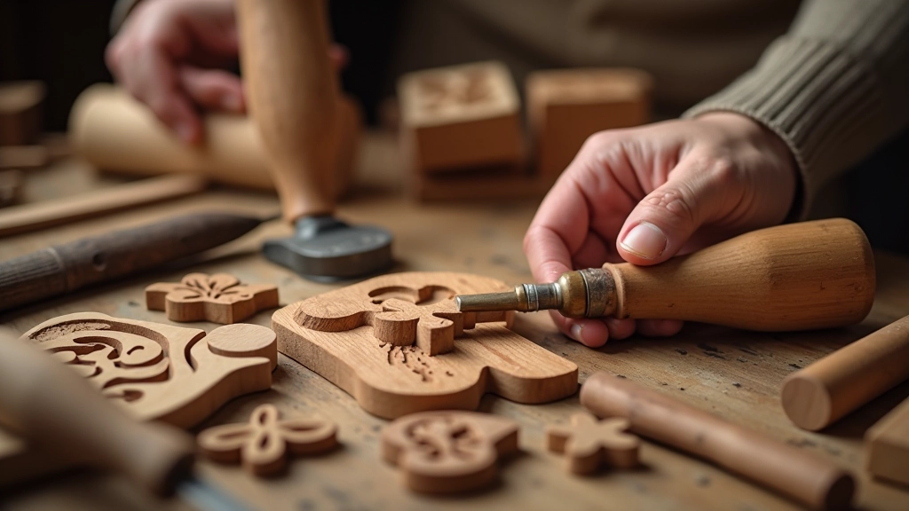 Traditional Lithuanian wood carving tools and finished kryždirbystė cross craft examples showing intricate detail