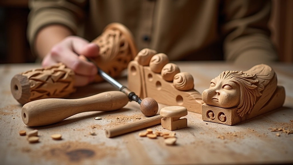 Traditional Lithuanian wood carving tools and detailed carved wooden pieces