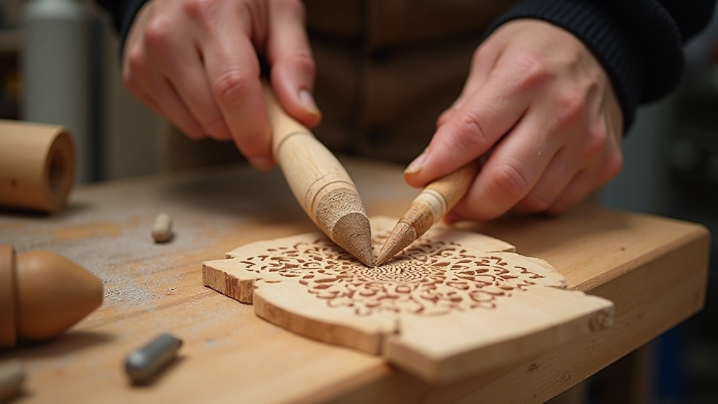 Traditional Lithuanian wood carving tools and intricate kryždirbystė cross-craft patterns