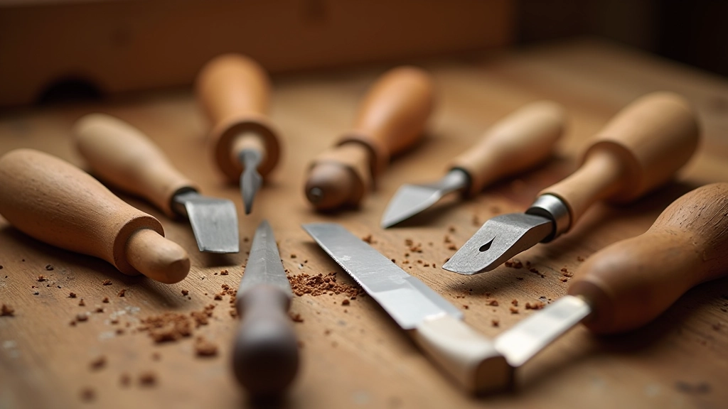 Assorted traditional Lithuanian wood carving hand tools including chisels, knives and gouges on wooden workbench