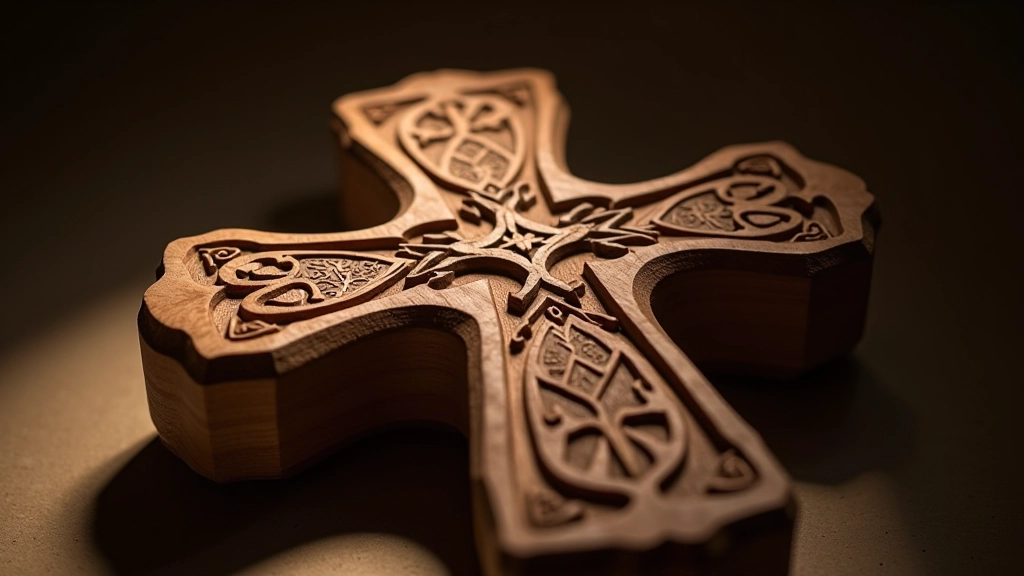 Close-up of traditional Lithuanian wooden cross with intricate geometric and religious carved patterns