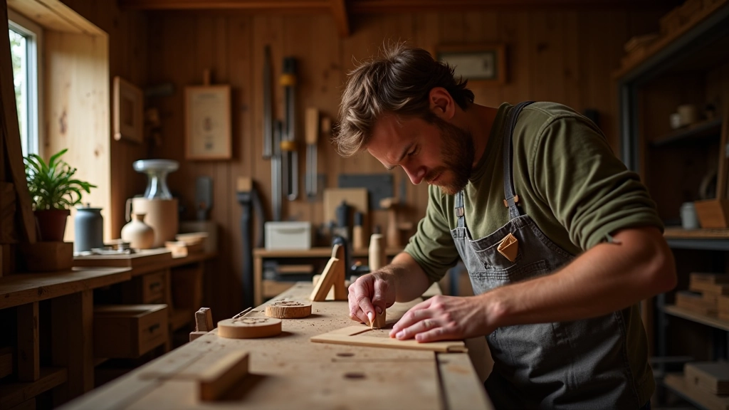 Well-organized home woodworking workshop with workbench, tool storage, and natural lighting