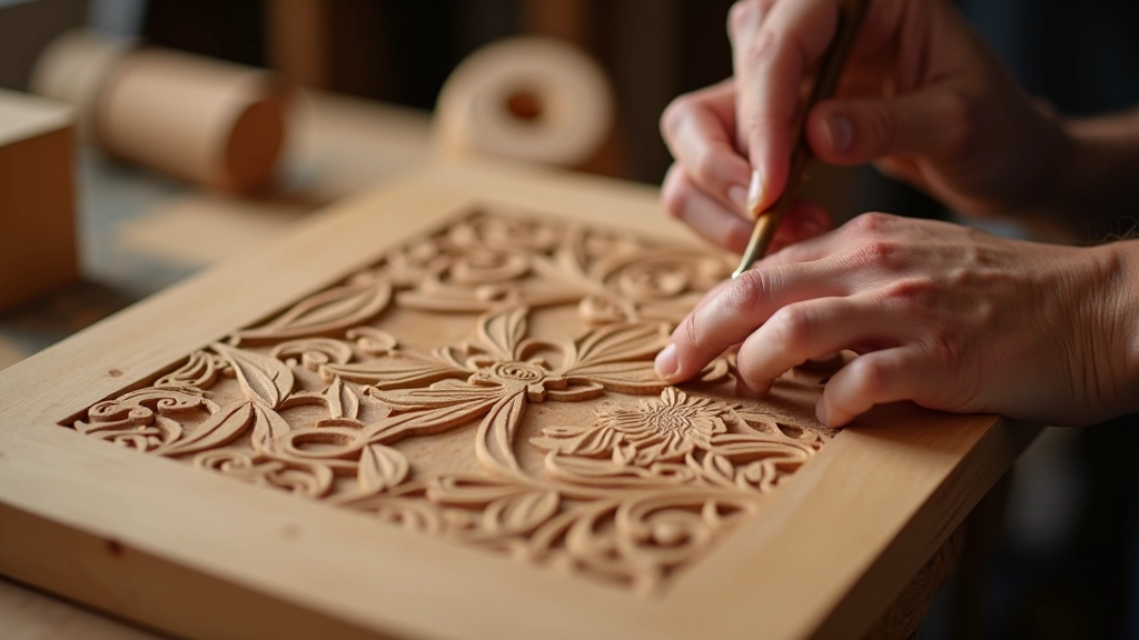 Step-by-step demonstration of wood carving techniques showing relief carving and line work with V-tools
