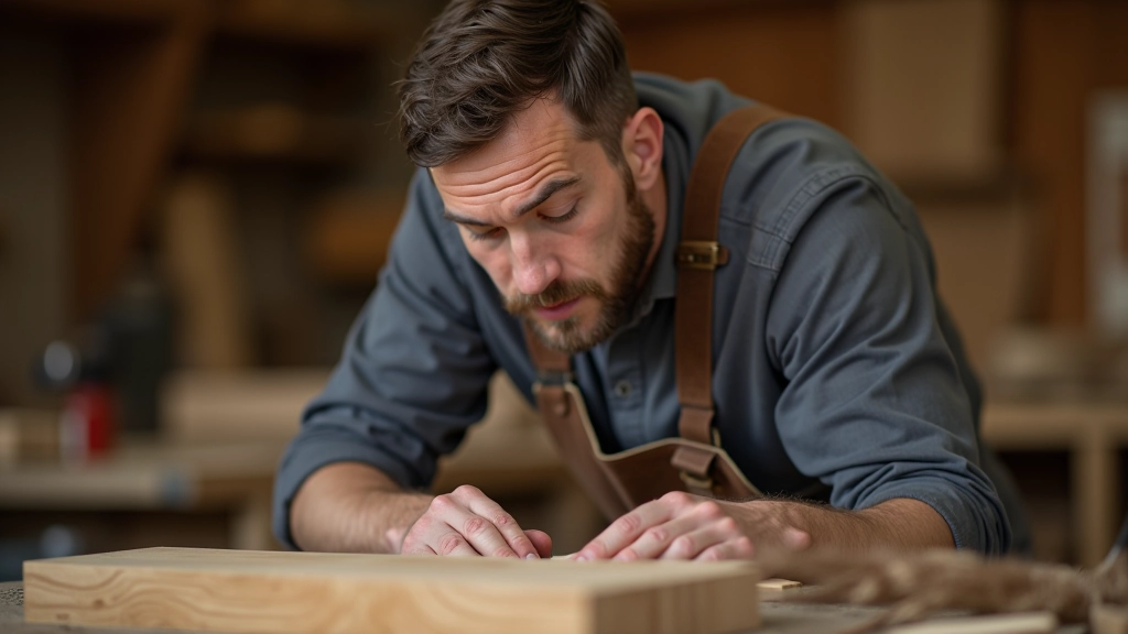 Woodworker inspecting and evaluating wood quality by checking grain patterns and straightness of planks