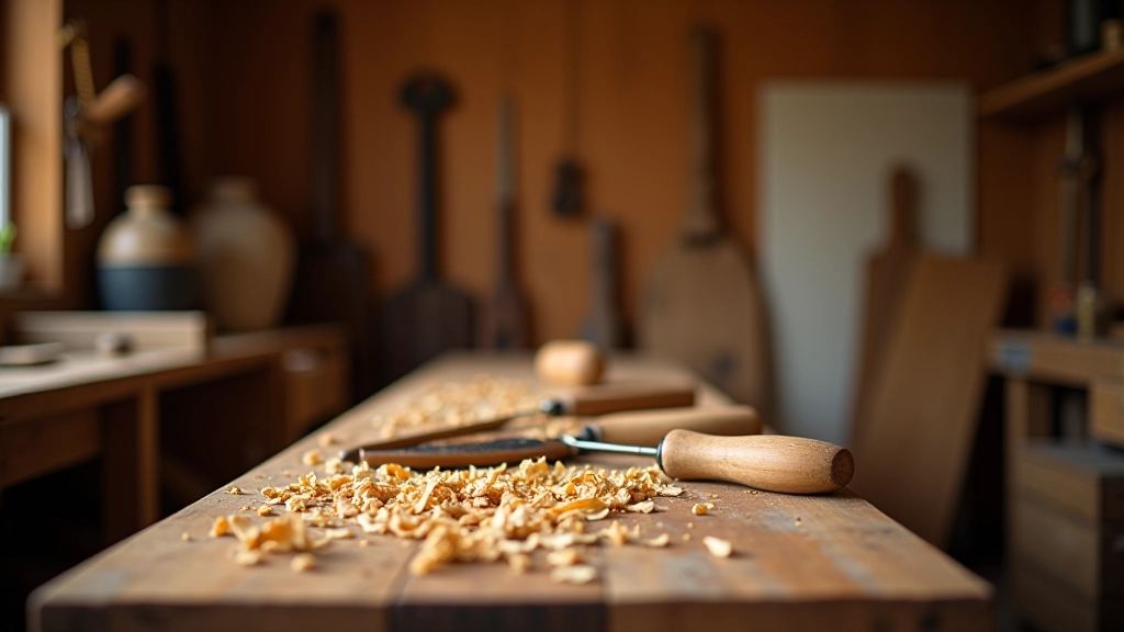 Woodworking workshop with hand tools and timber