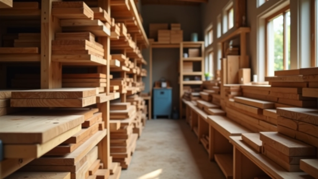 Workshop interior showing organized timber storage with various wood species sorted by size and type